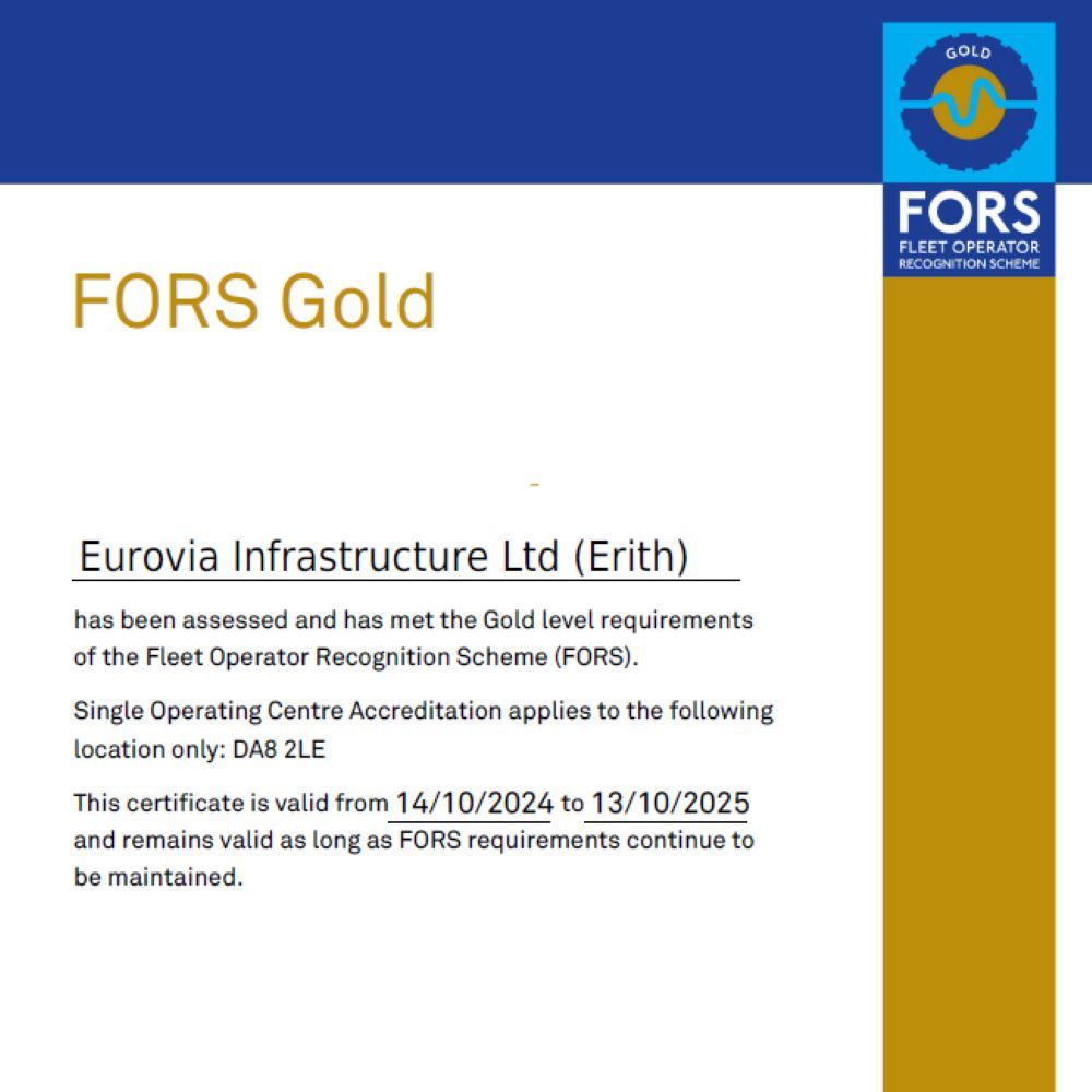 Eurovia has been awarded the Gold level Fleet Operator Recognition Scheme (FORS)